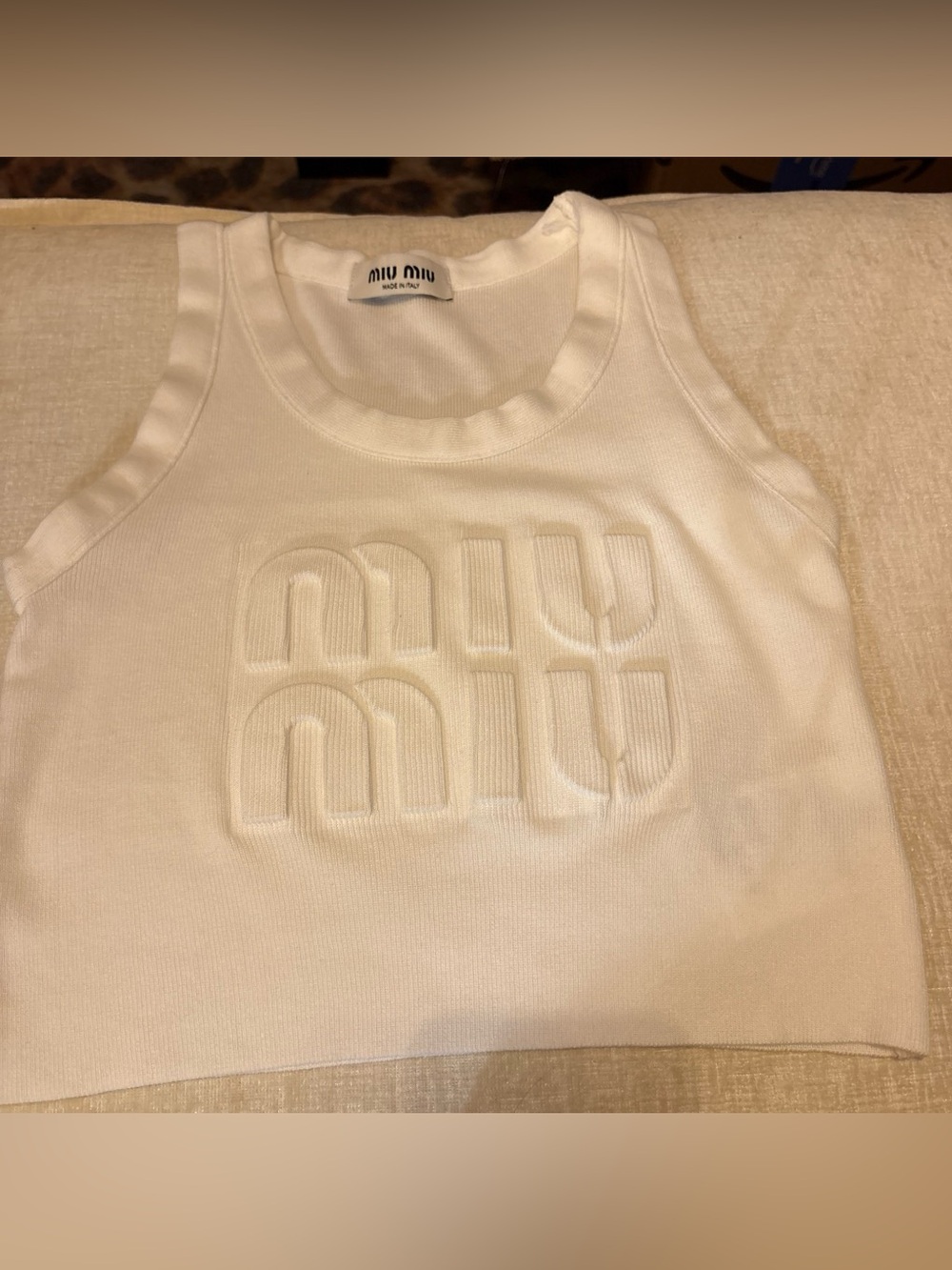 Miu Miu White Embossed Logo Ribbed Tank Top
